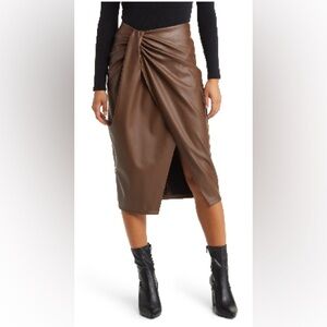 Open Edit Brown Faux Leather Midi Skirt